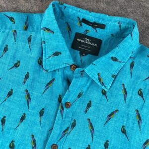RODD & GUNN Mens Linen Shirt XL Blue Parrot Print Short Sleeve Button Up Italy